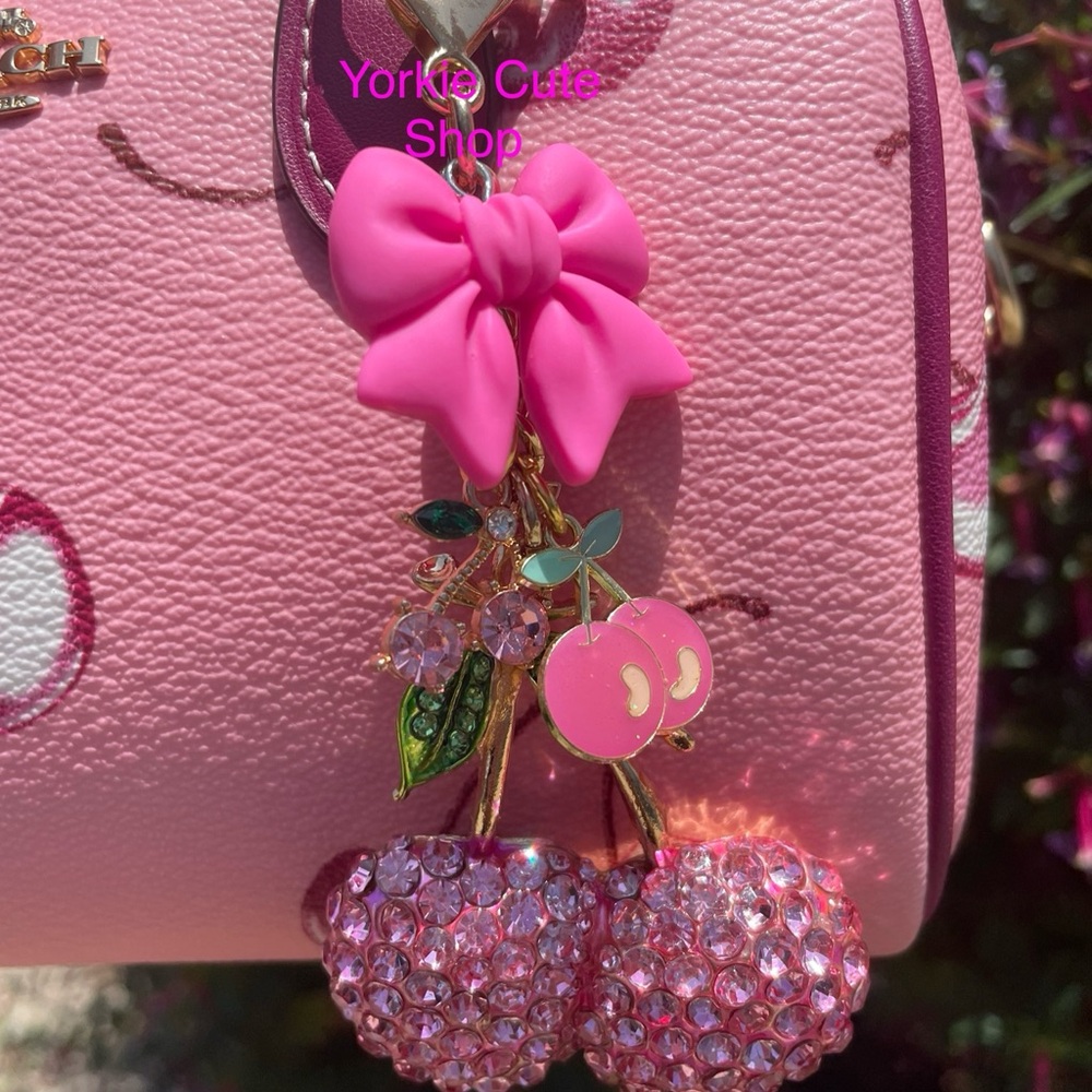 New Handmade Pink Bow and Cherry Charms for Purse/ Bag/ Keychain